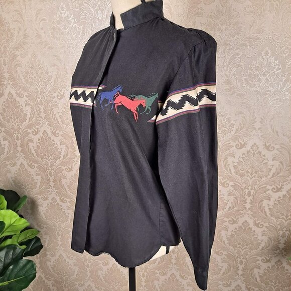 Roper Size Small Black Western Button Up Long Sleeve Shirt Horses Classic Vtg - Picture 7 of 15